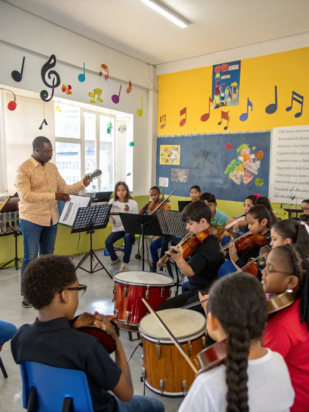 A diverse group of students collaborating on a musical project, using various instruments and digital tools, in a modern and well-equipped music room.