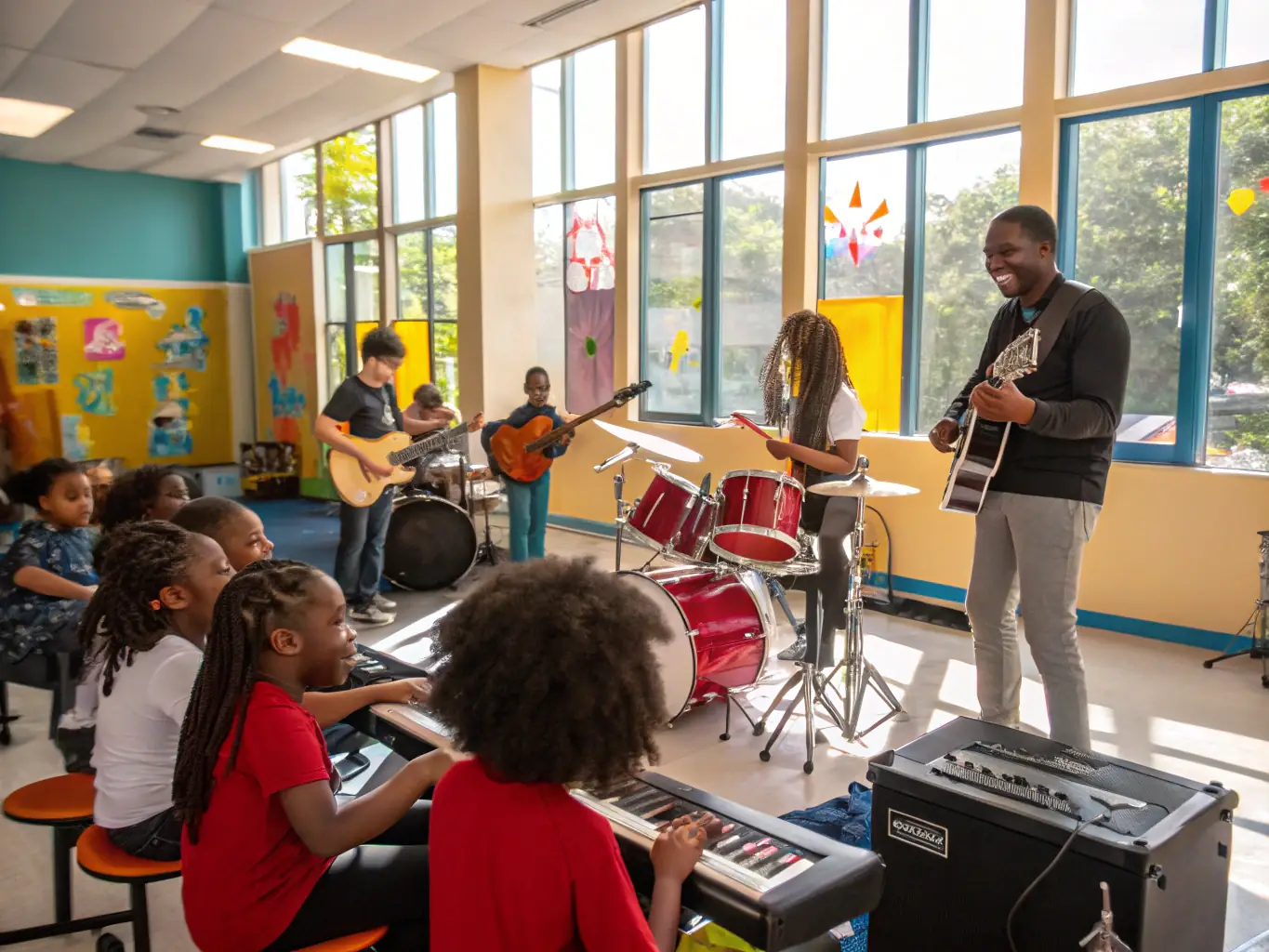 A photo of children participating in a musical project, working together to create a collaborative piece. The image should highlight teamwork, creativity, and the joy of making music together.