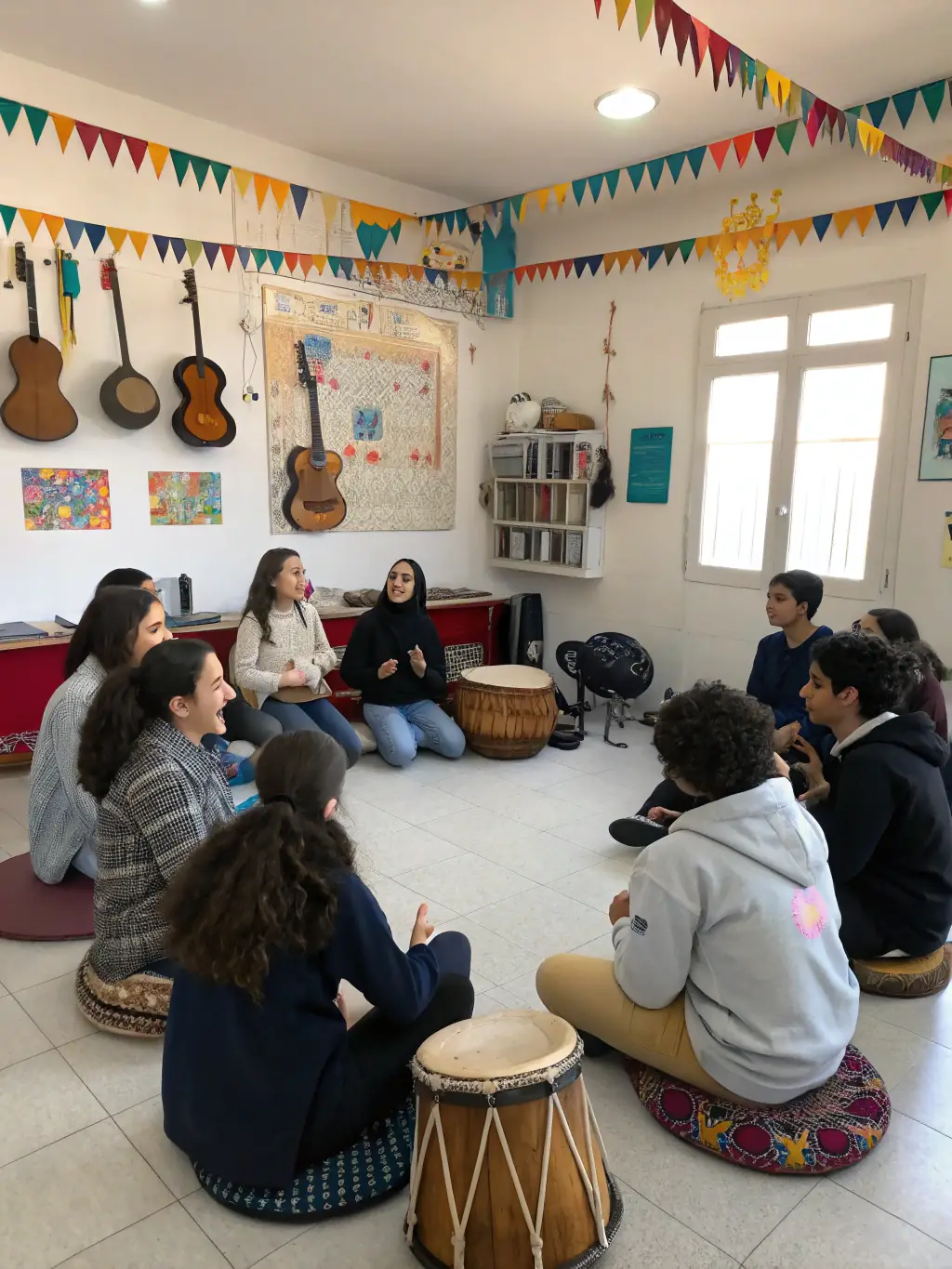 A group of young students enthusiastically participating in a choral workshop, led by a conductor, in a bright and spacious classroom. The image captures the energy and collaborative spirit of the session.