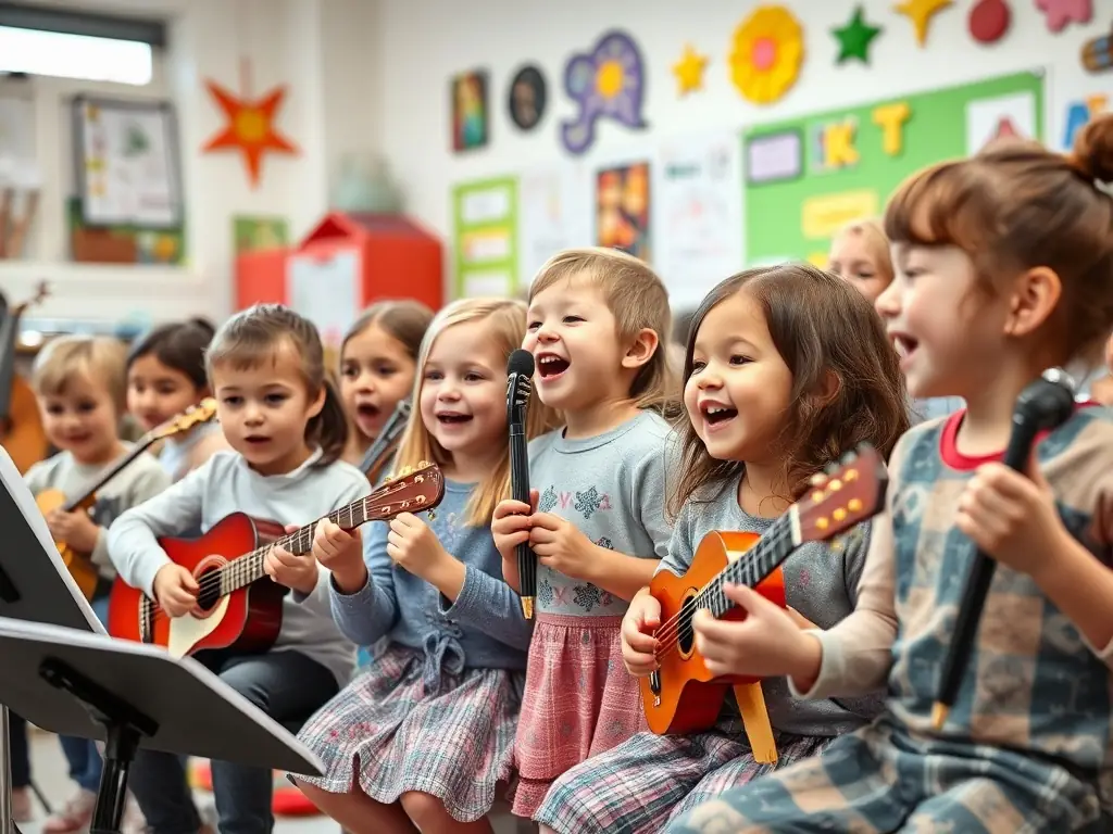 A vibrant photograph capturing a children's choir during a rehearsal, showcasing their enthusiasm and teamwork. The setting is a well-lit music room with musical instruments in the background, emphasizing the educational environment.