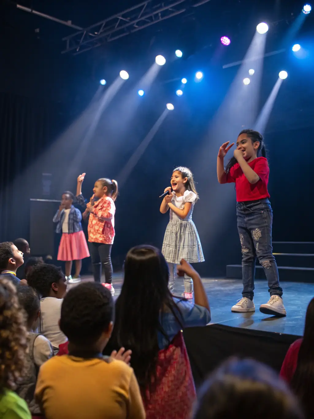 A photograph of a children's choir performing on a well-lit stage during a public concert, with a supportive audience in the background. The image conveys the excitement and pride of the young performers.