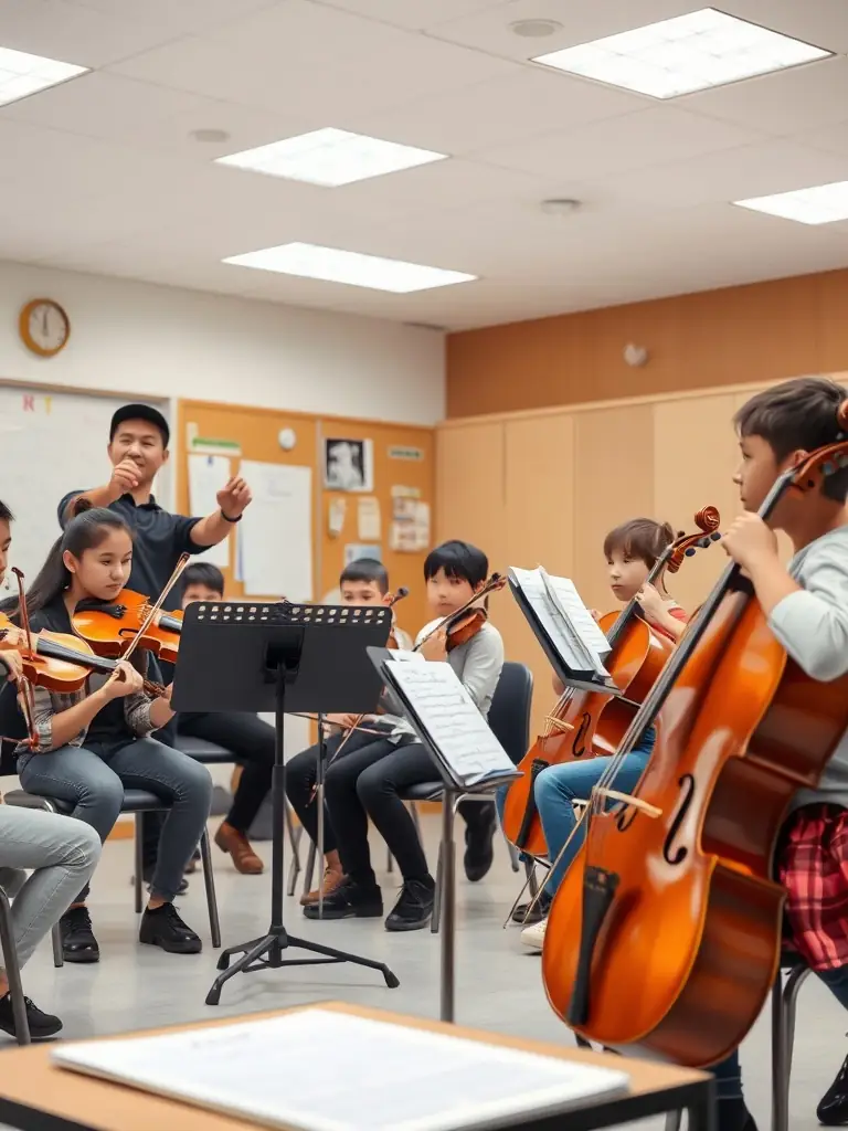 A scene from a masterclass, showing an experienced conductor working closely with a small group of advanced students, providing personalized guidance and feedback.