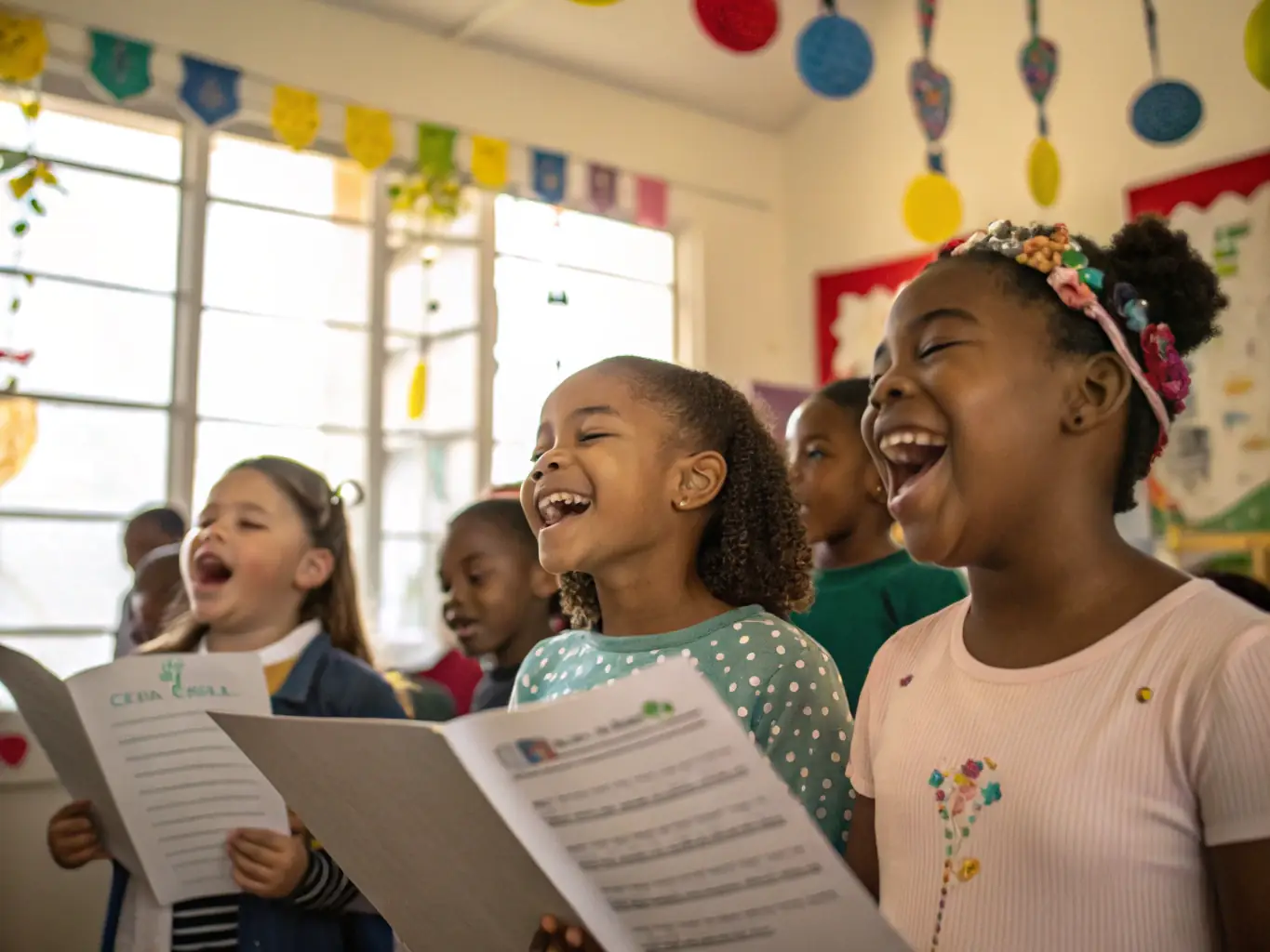 A vibrant scene of a choir performance in a local community hall, with children singing their hearts out, accompanied by a pianist. The atmosphere is filled with energy, passion, and community spirit.