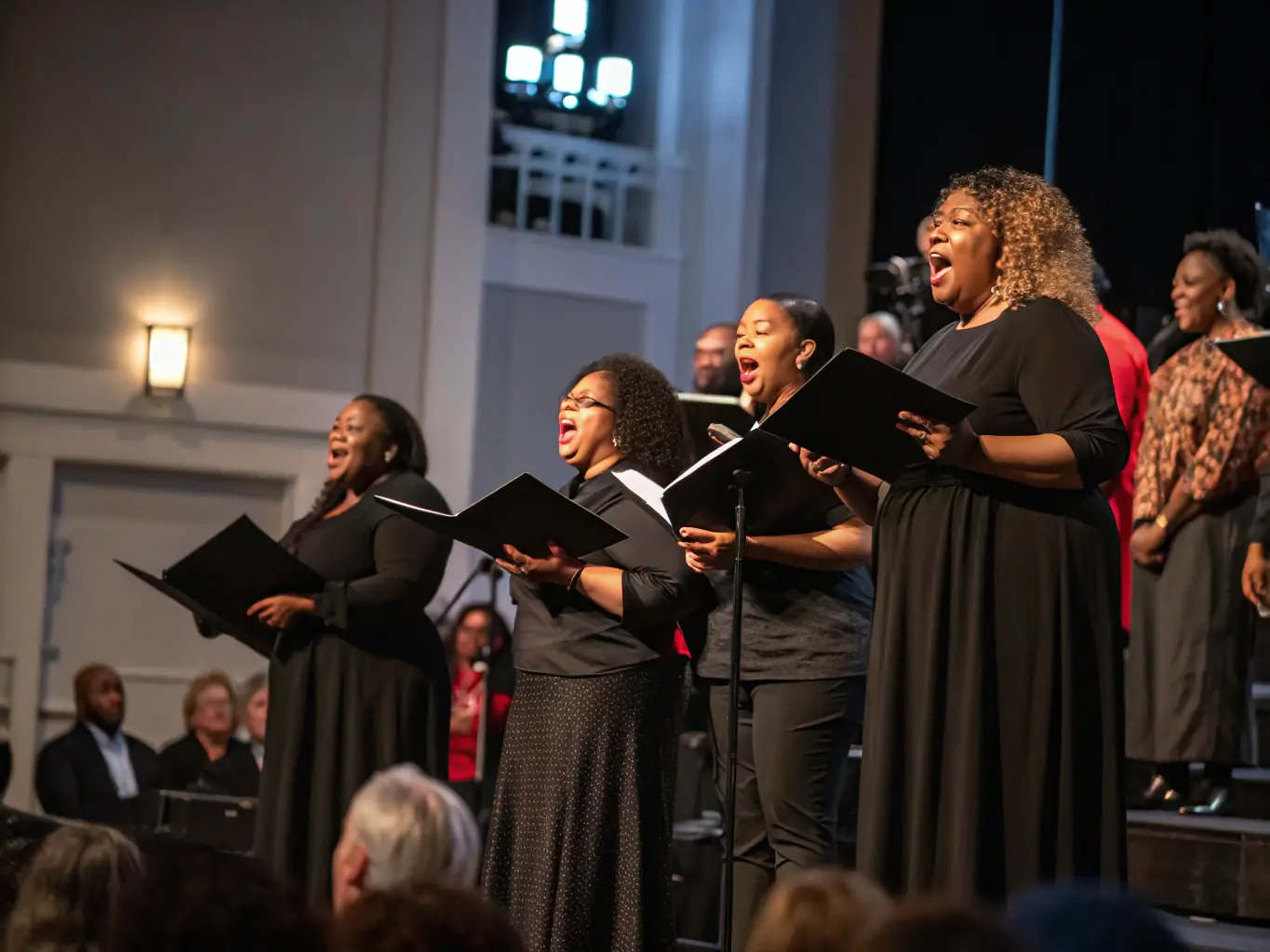 A dynamic image of a choir performing on stage during a public concert, highlighting the energy and excitement of live performance. The audience is visible in the background, creating a sense of community and celebration.